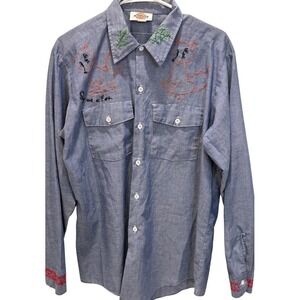 Vtg Hand Embroidered Chambray Work Shirt Dickies Fox Owl Cottagecore Folk L
